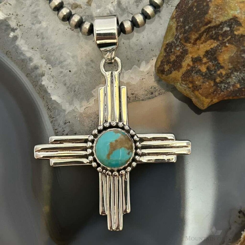 Sterling Silver Southwestern Style Round Mohave Turquoise Unisex Zia Pendant #2